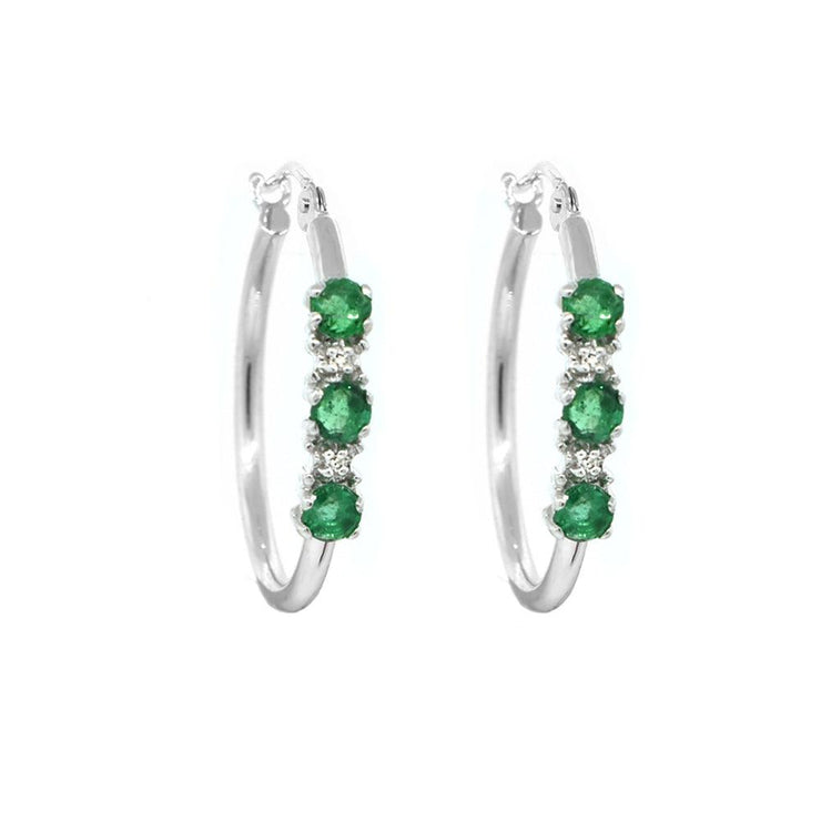 Emerald and Diamond Hoop Earrings in 10K White Gold - jewelerize.com