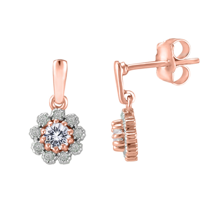 Created White Sapphire and Diamond Halo Rose Gold Earrings