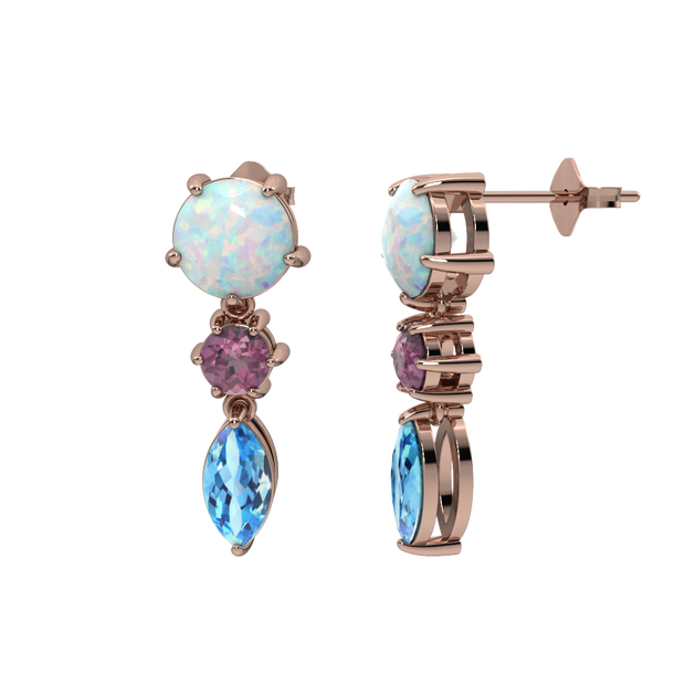 Created Opal, Pink Tourmaline and Blue Topaz Rose Gold Earrings