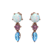 Created Opal, Pink Tourmaline and Blue Topaz Rose Gold Earrings