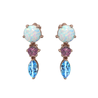 Created Opal, Pink Tourmaline and Blue Topaz Rose Gold Earrings