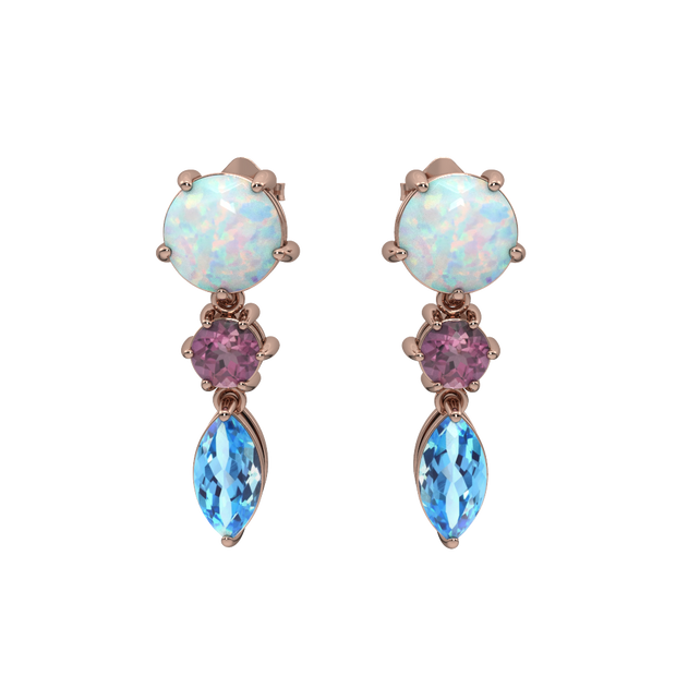 Created Opal, Pink Tourmaline and Blue Topaz Rose Gold Earrings