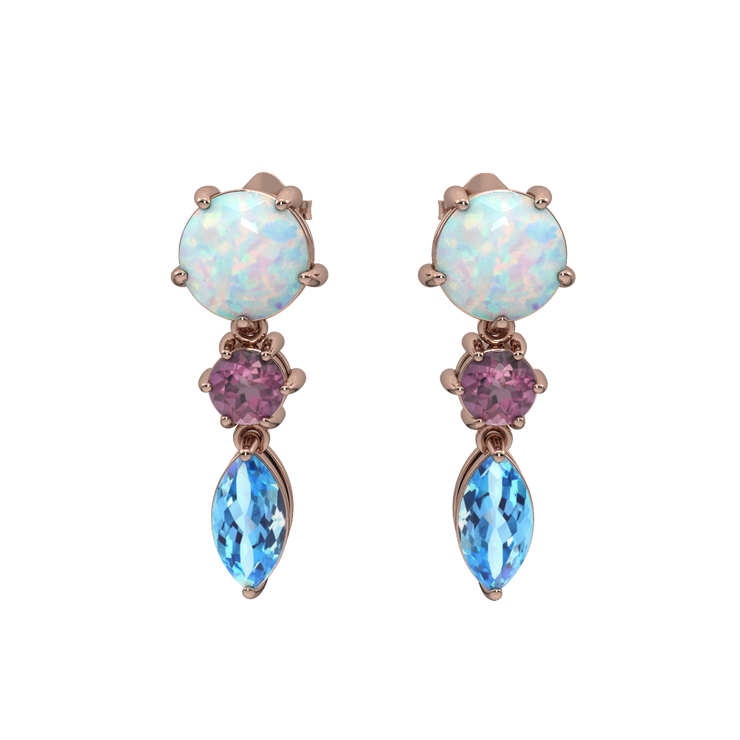 Created Opal, Pink Tourmaline and Blue Topaz Rose Gold Earrings