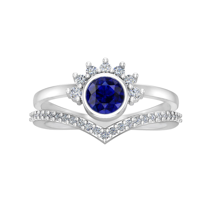 Created Blue and White Sapphire and Diamond Gold Ring