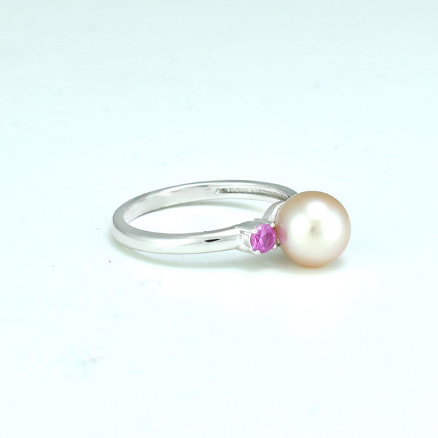 Freshwater Pearl and Created Pink Sapphire Ring in Sterling Silver - jewelerize.com