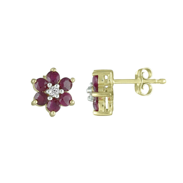Ruby and Diamond Accent Flower Earrings in 10K Yelllow Gold - jewelerize.com