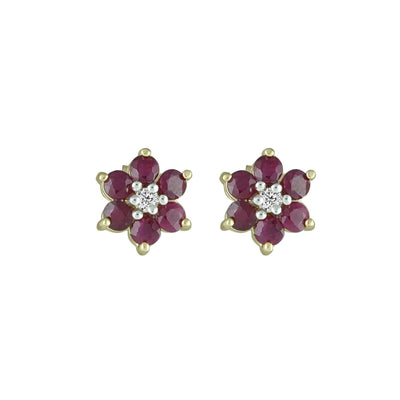 Ruby and Diamond Accent Flower Earrings in 10K Yelllow Gold - jewelerize.com
