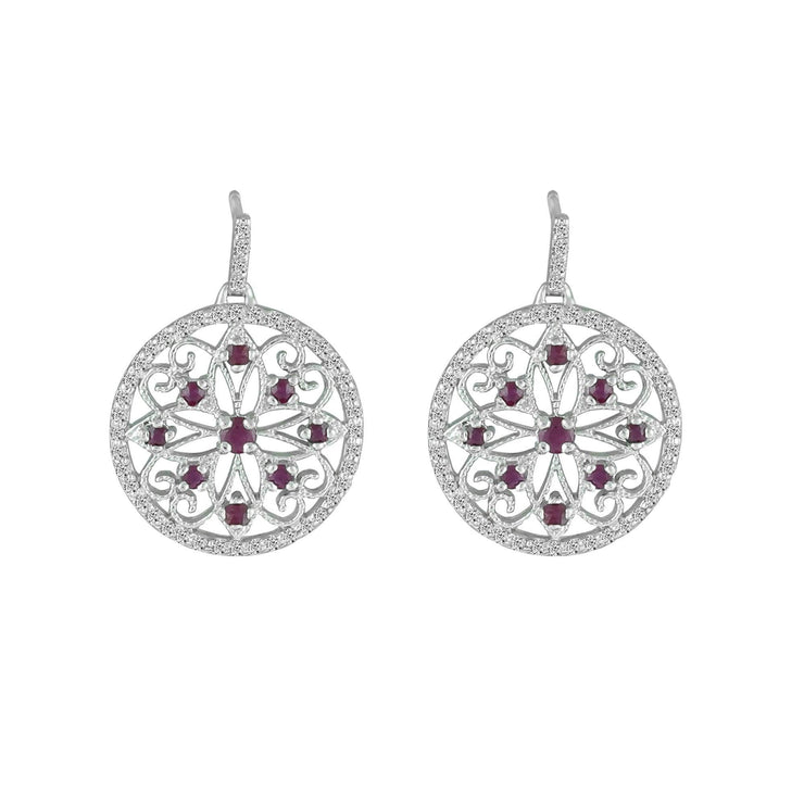 Genuine Ruby and Diamond Medallion Earrings in 10K White Gold - jewelerize.com
