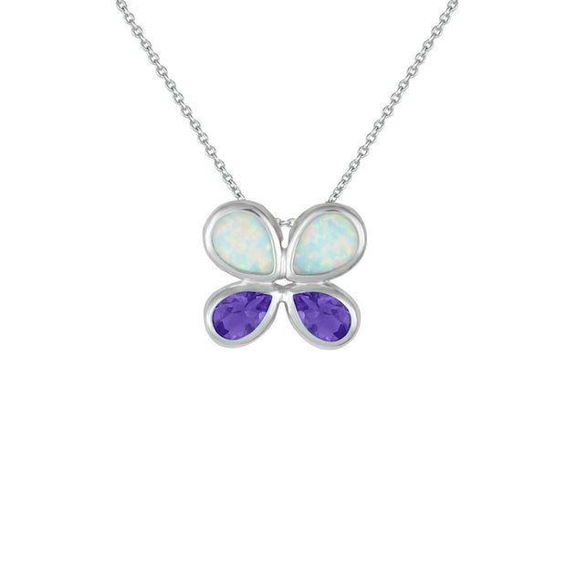 Butterfly Pendant - Created Opal & Purple Amethyst Necklace in Silver - jewelerize.com