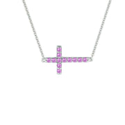 Created Pink Sapphire Sideways Cross Necklace in Silver - jewelerize.com