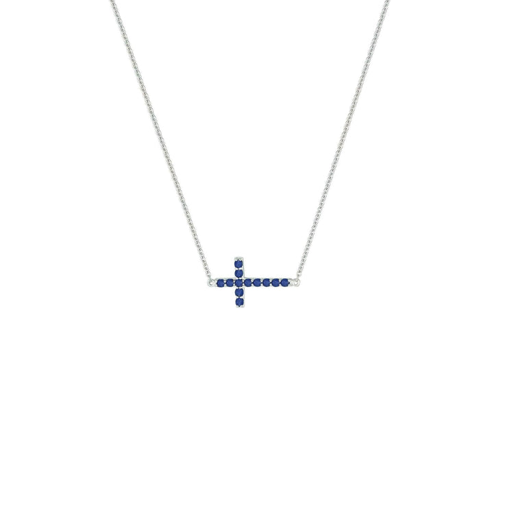 Blue Sapphire Cross Necklace - Sideways Cross Necklace in Sterling Silver with Created Blue Sapphire - jewelerize.com
