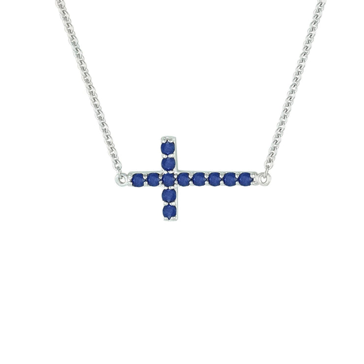 Blue Sapphire Cross Necklace - Sideways Cross Necklace in Sterling Silver with Created Blue Sapphire - jewelerize.com