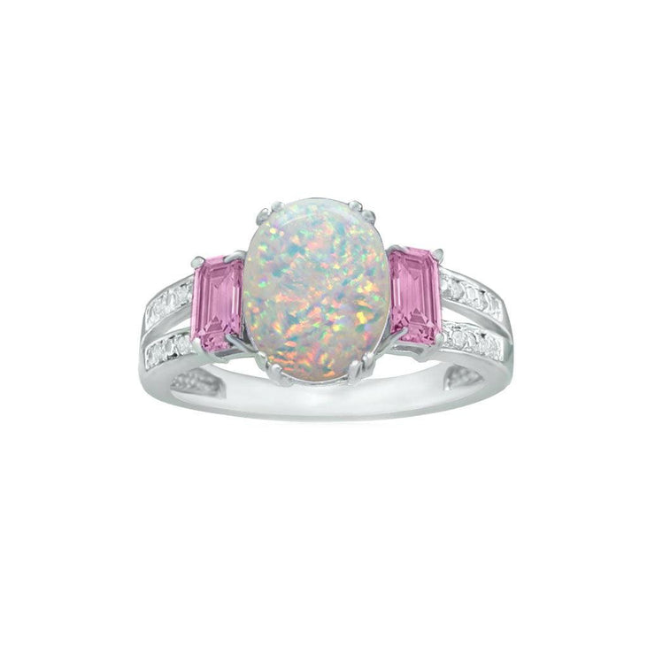 Created Opal, Created Pink Sapphire and Diamond Accent Silver Ring - jewelerize.com